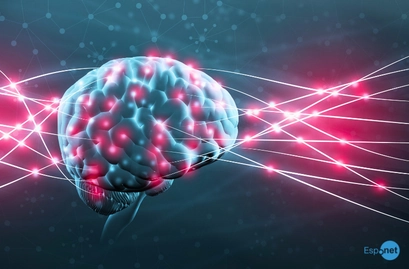 Ilustração de um cérebro humano iluminado por conexões neurais luminosas em tons de azul, rosa e branco, representando a atividade cerebral, as redes neurais e a transmissão de informações. No canto inferior direito, destaca-se o logotipo azul 'Espnet'